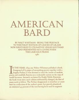 Image du vendeur pour Prospectus for American Bard By Walt Whitman. Being the Preface to the First Edition of Leaves Of Grass Now Restored to its Native Verse Rhythms and Presented as a Living Poem. mis en vente par Wittenborn Art Books