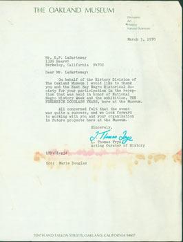 TLS L. Thomas Frye (Oakland Museum) to E.P. Lasartemay, March 3, 1970. Re: The Frederick Douglass...