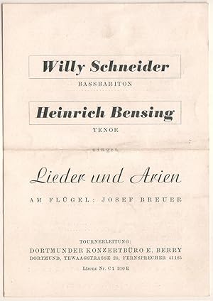 Einzelblatt/Werbeblatt für Willy Schneider (Bassbariton) und Heinrich Bensing (Tenor). Beide sing...