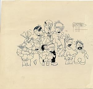 Sketch signed, pen and ink, of eight characters with Snookums drawn in pencil peeping in from the...