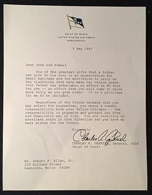 Chief of Staff - United States Air Force CHARLES A. GABRIEL Typed Letter Signed (RE: Citizens res...