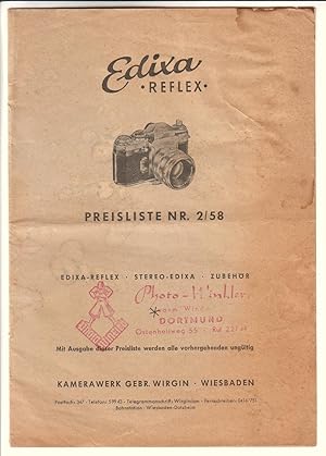 Edixa REFLEX - Stereo-EDIXA - Zubehör / Preisliste Nr. 2/58 Kamerawerk Gebr. Wirgin, Wiesbaden. M...