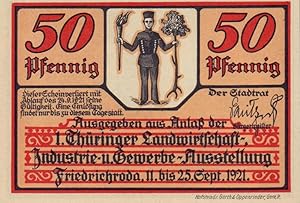 Notgeld der Stadt Friedrichroda in Thüringen. Vier Scheine à 50 Pfennig.