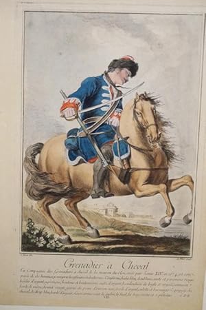 Grenadier à Cheval. Altkolorierter Original Kupferstich um 1675. Blattgröße ca. 38 x 27 cm.Unterh...