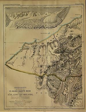 1863 Original Map of an Overview of the Southern Alps of New Zealand, 1863. According to the Trav...