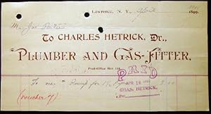 Bild des Verkufers fr 1901 Manuscript & Printed Billhead Receipt from Charles Hetrick, Plumber and Gas-Fitter Lawrence, N.Y. For Joe Porter zum Verkauf von Certain Books, ABAA