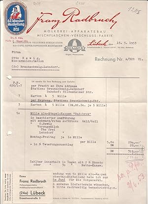 Rechnung Franz Radbruch (Radebrok) Lübeck 1953 Molkerei-Apparatebau Milchflaschen-Verschluss-Fabrik