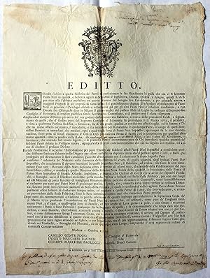 Bild des Verk�ufers f�r Editto datato 1° ottobre 1774, col quale si vietava l�introduzione di �Panni Neri� all�interno dei territori del Ducato di Modena e si accordava il privilegio esclusivo del loro commercio alla locale Fabbrica de� Panni zum Verkauf von Libreria Alberto Govi di F. Govi Sas