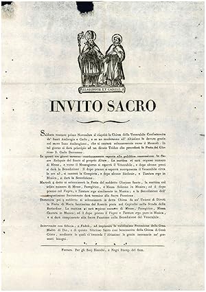 Image du vendeur pour Invito ai fedeli per la festa di S. Carlo con esposizione delle sue reliquie mis en vente par Libreria Alberto Govi di F. Govi Sas