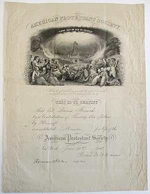 Bild des Verkufers fr DOCUMENT SIGNED, BY THOMAS DE WITT, PRESIDENT OF THE AMERICAN PROTESTANT SOCIETY, AND HERMAN NORTON, ITS CORRESPONDING SECRETARY, CERTIFYING THAT COLONEL DARIUS BRANCH IS A LIFE MEMBER OF THE SOCIETY. NEW YORK, JUNE 21, 1848 zum Verkauf von David M. Lesser,  ABAA