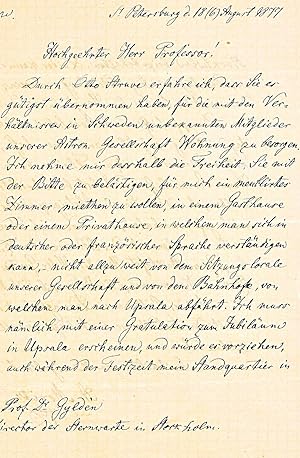 Zweiseitiger, handschriftlich verfasster Brief an den Astronomen Hugo Gylden. Signiert und datiert.