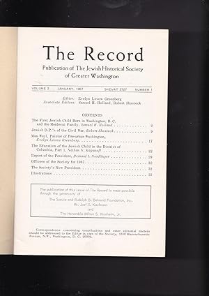 Bild des Verkufers fr THE RECORD Publication of The Jewish Historical Society of Greater Washington Volume 2 Number 1 January, 1967 Shevat 5727 zum Verkauf von Meir Turner