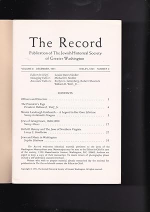 Bild des Verkufers fr THE RECORD Publication of The Jewish Historical Society of Greater Washington Volume 6 Number 2. December 1971. Kislev 5731 zum Verkauf von Meir Turner