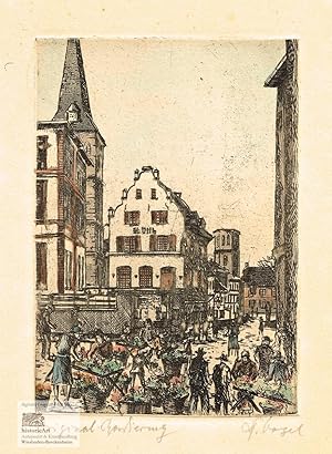 Wochenmarkt vor Gasthaus St. Ottl mit Kirchturm. Radierung von Friedrich Vogel um 1940