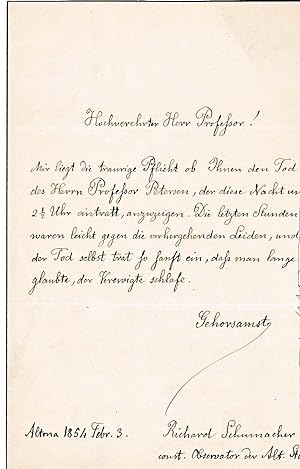 Handschriftlich verfasstes Kondollenzschreiben an den Astronomen Heinrich Louis d'Arrest. Signier...