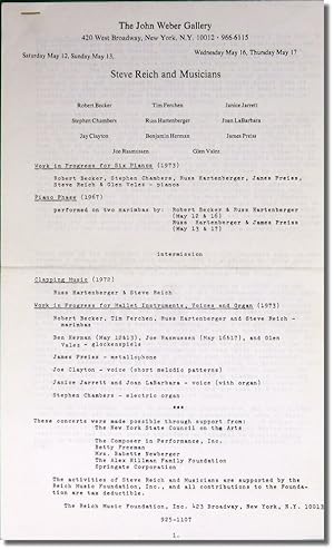 Original Program For Steve Reich and Musicians Performing at the John Weber Gallery