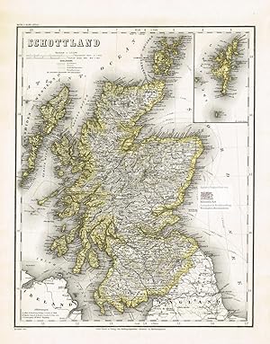 Seller image for Schottland. Groe Landkarte von den Hebriden und den Orkney Islands im Norden bis Dumfries im Sden mit kleiner Innenkarte der Shetland Islands. Groer grenzkolorierter Stahlstich nach Radefeld, revidiert von Ravenstein aus Meyer's Hand-Atlas 1867 for sale by historicArt Antiquariat & Kunsthandlung