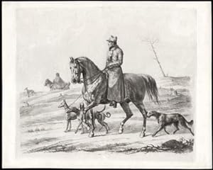 Ausritt: Reiter mit vier Jagdhunden. Radierung von Franz Krüger.