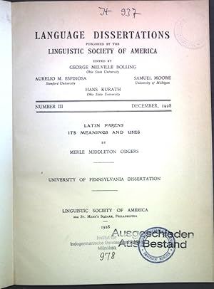 Seller image for Latin Parens, its meanings and uses; Language Dissertations published by the Linguistic Society of America, No. III; for sale by books4less (Versandantiquariat Petra Gros GmbH & Co. KG)