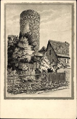 Bild des Verkufers fr Knstler Ansichtskarte / Postkarte Lindenfels im Odenwald Hessen, Blick auf den Alten Turm, Straenpartie zum Verkauf von akpool GmbH