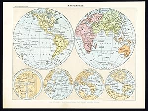 Antique Map-WORLD MAP-BEHAM-DORE-MERCATOR PROJECTIONS-Larousse-1897