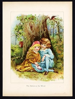 Antique Print-YOUNG GIRLS IN THE WOODS-FOREST-SQUIRREL-ROBIN REDBREAST-1895