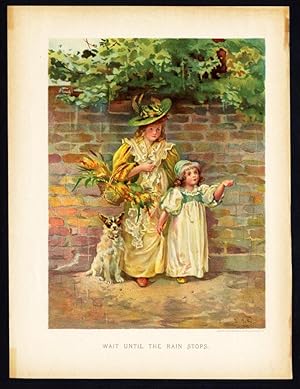 Antique Print-YOUNG GIRLS SHELTERING FROM THE RAIN-DOG-1895