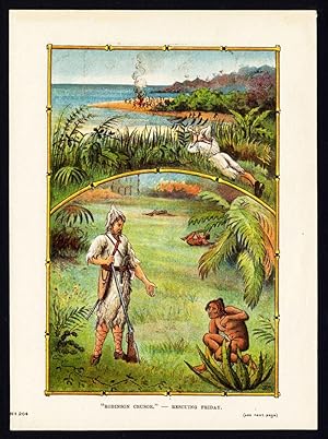 Antique Print-ROBINSON CRUSOE-RESCUING FRIDAY-1878