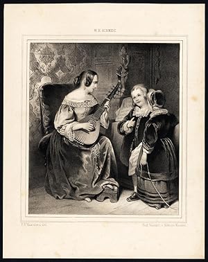 Antique Print-PLAYING MUSIC-LUTE-STRINGED INSTRUMENT-Schmidt-Waanders-1840