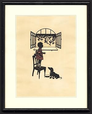 Bild des Verkufers fr Original-SILHOUETTE CUT-SCHERENSCHNITT-GIRL WATCHING BIRD-DOG-1920 zum Verkauf von ThePrintsCollector