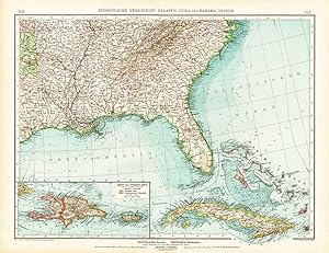 Antique Map-SOUTH EAST AMERICA-USA-UNITED STATES-FLORIDA-CUBA-HAITI-Andree-1904