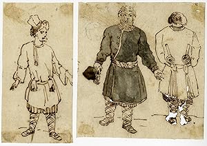 2 Antique Drawings-SLAVIC-NORTH EUROPE-HISTORIC COSTUME-Anonymous-age unclear