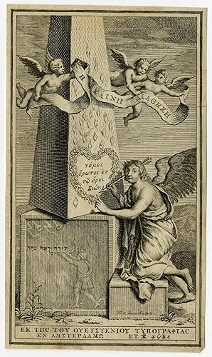 2 Antique Prints-FRONTISPIECE-ANGEL-OBELISK-Broen-ca. 1660-1700