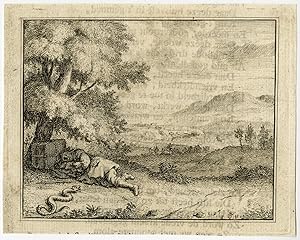 Antique Print-EMBLEM-DANGER-SNAKE-SLEEPING TRAVELLER-VIRTUE-Spinneker-Vinne-1758