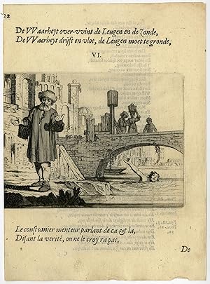 Antique Print-LIAR-TRUTH-SWIMMER-CRY FOR HELP-BRIDGE-6-Savery-Veen-1642