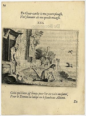Antique Print-EMBLEM-LUST FOR GOLD-ALCHEMY-BIRD-SALT-TAIL-21-Savery-Veen-1642