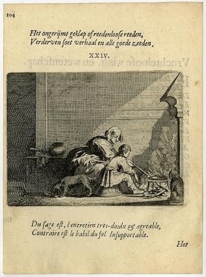 Antique Print-EMBLEM-REASONLESS SPEECH-MOTHER-PANCAKE-CHILD-24-Savery-Veen-1642