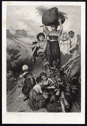Antique Print-LANDSCAPE-FARMING-CHILDREN-Lierenmayer-1860