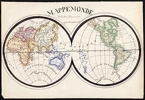 Unique Manuscript Map-WORLD-DOUBLE HEMISPHERE-MAPPE MONDE-Dumont-1865