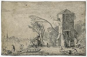 Antique Master Print-LANDSCAPE-TOWER-ICE SKATING-Van de Velde-1616