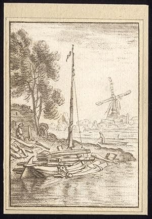 Antique Master Print-LANDSCAPE-RIVER-BEND-SHIP-Ploos van Amstel-Saftleven-1761