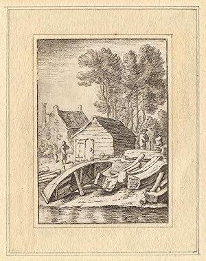 2 Antique Master Prints-LANDSCAPE-WHARF-RIVER-Ploos van Amstel-Saftleven-1761