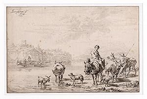 Antique Master Print-HINY-CROSSING CATTLE-Ploos van Amstel/Körnlein-Berchem-1769