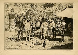 5 Rare Antique Master Prints-GENRE-PACKED DONKEYS-MARKET-SET-Van Muyden-1908