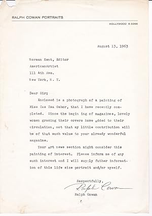 Imagen del vendedor de TYPED LETTER SOLICITING AN ARTICLE IN AMERICAN ARTIST MAGAZINE SIGNED BY RALPH WOLFE COWAN, PAINTER OF A MAR-A-LAGO PORTRAIT OF DONALD TRUMP. a la venta por Blue Mountain Books & Manuscripts, Ltd.