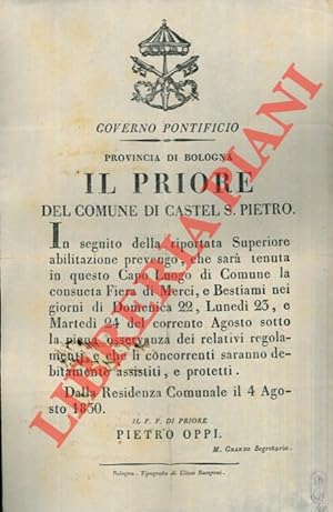 Avviso di fiera di merci e bestiami, nei giorni 22, 23 e 24 agosto.