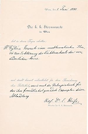 Handschriftlich ausgefüllte Buchleih-Quittung an den schwedischen Astronomen Hugo Gylden. Signier...