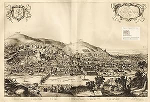 Heidelberga. Prächtige Ansicht von Heidelberg über den Neckar. Facsimile-Reproduktion des Kupfers...