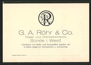 Vertreterkarte Bünde i. W., G. A. Röhr, Co., Nagel - und Drahtwarenfabrik, Firmenlogo