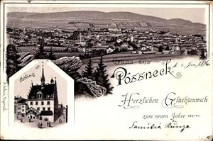 Vorläufer Litho Pößneck im Saale Orla Kreis Thüringen, Totalansicht vom Ort, Rathaus